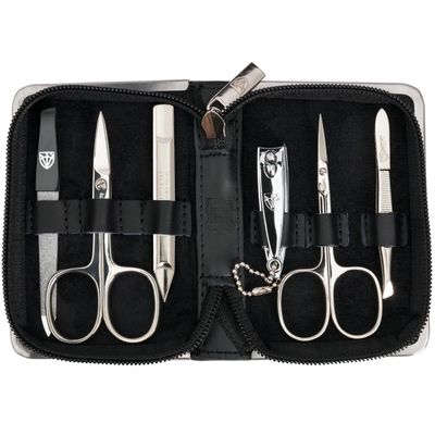 3 Swords Germany - brand quality 6 piece manicure pedicure kit set for professional finger & toe nail care with leather case - Made in Germany - black genuine leather