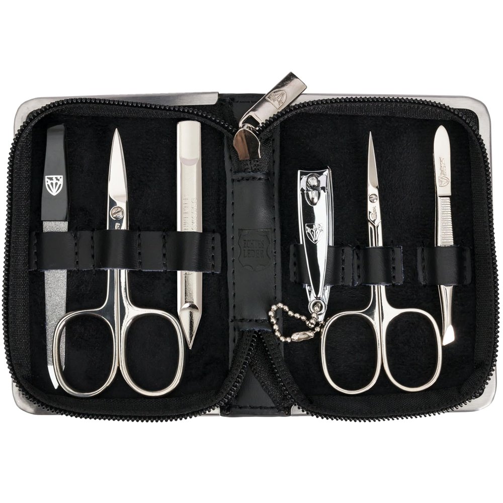 3 Swords Germany - brand quality 6 piece manicure pedicure kit set for professional finger & toe nail care with leather case - Made in Germany - black genuine leather