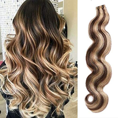 Highlighted Tape in Hair Wavy Remy Human Hair Extensions 18inches #4 Medium Brown with #27 Strawberry Blonde Mixed Color 40g 20pcs Body Wave Seamless Skin Wefts Glue in Extensions(#4/27)