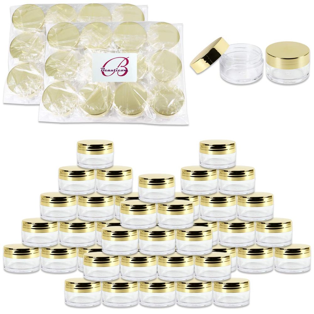Beauticom 20g/20ml USA Acrylic Round Clear Jars with Lids for Lip Balms, Creams, Make Up, Cosmetics, Samples, Ointments (120 Pieces Jars + Lids, GOLD)