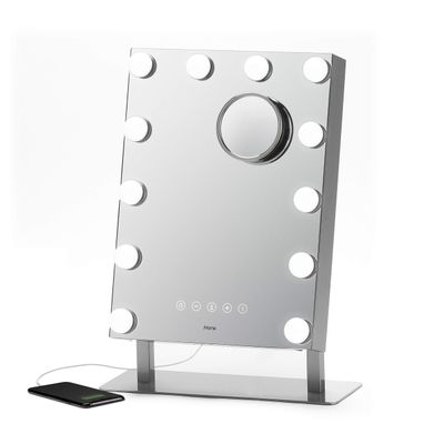 iHome Hollywood Vanity Mirror PRO with Built in Bluetooth, Voice Control, USB Input and Speaker 16 x 12 LED Makeup Mirror with Adjustable Lights and Detachable 10x Detail Mirror