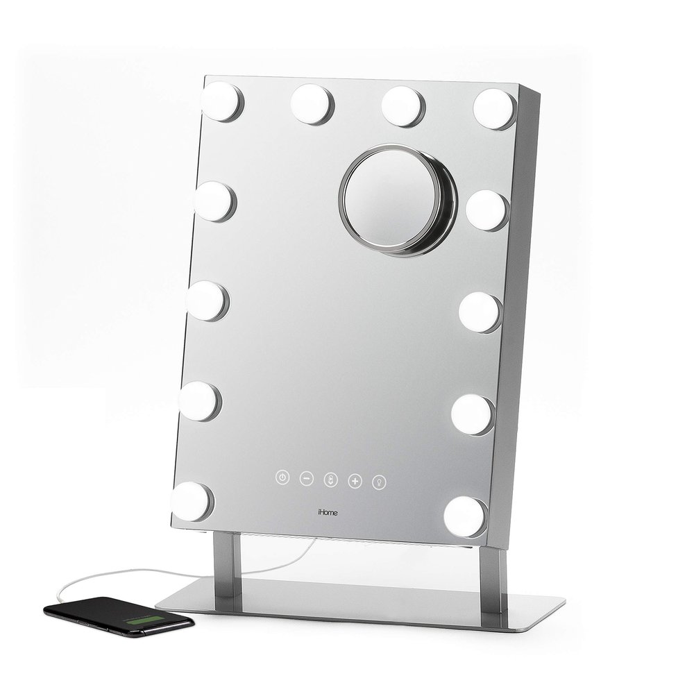 iHome Hollywood Vanity Mirror PRO with Built in Bluetooth, Voice Control, USB Input and Speaker  16 x 12 LED Makeup Mirror with Adjustable Lights and Detachable 10x Detail Mirror