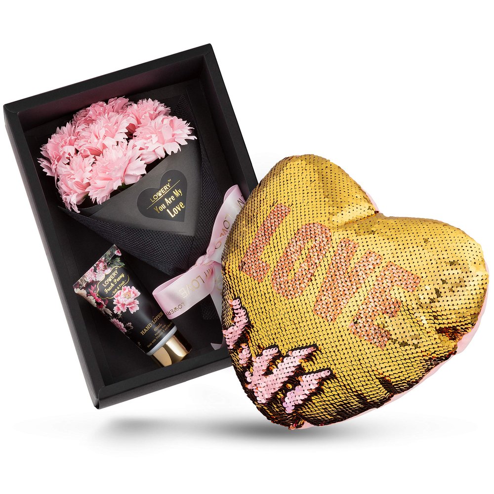 Bath and Body Gift Baskets for Women, Spa Gift Basket, Plant Essential Oil with Bouqet of Pink Carnation Soaps, Fresh Peony and Jasmine Scented Hand Lotion & Reversible Sequin Love Heart Pillow