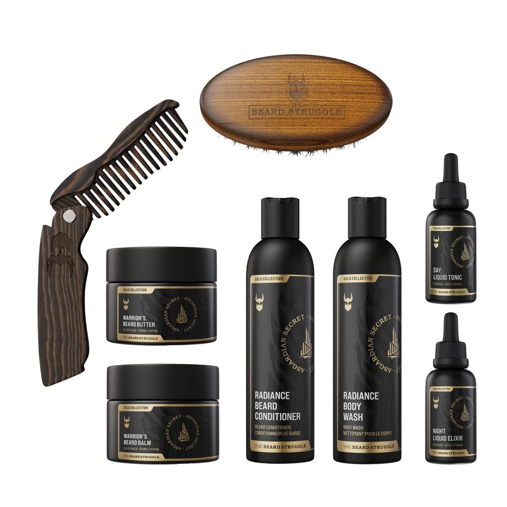 The Beard Struggle Ultimate Beard Growth Kit for Men Balm, Butter, Brush, Comb, Oil, Wash, & Conditioner for Moisturizing Beard - Asgardian Secret, Gold Collection