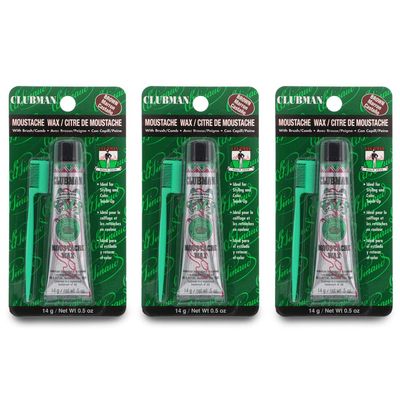 Clubman Mustache Wax for Men  Brown Moustache Wax with Brush & Comb, Strong Hold, 0.5 oz x 3 Pack