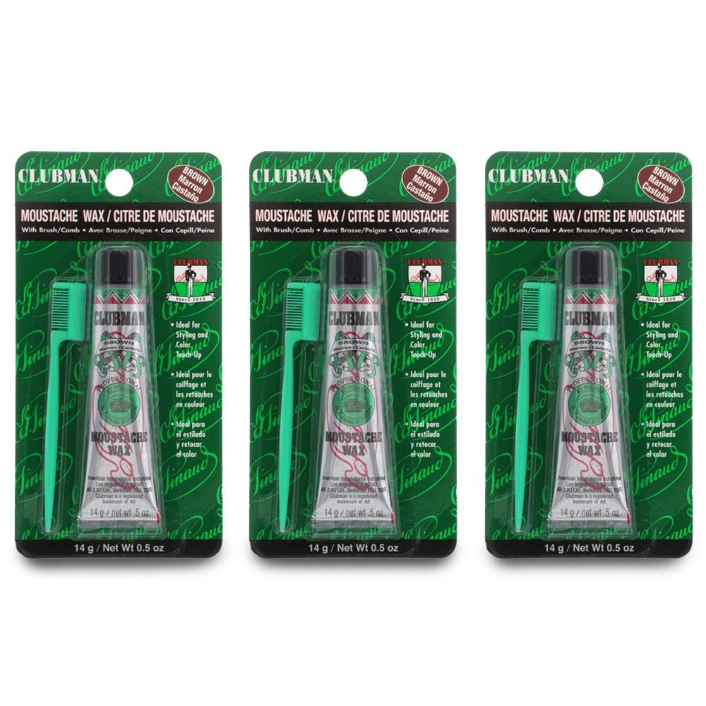 Clubman Mustache Wax for Men Brown Moustache Wax with Brush & Comb, Strong Hold, 0.5 oz x 3 Pack