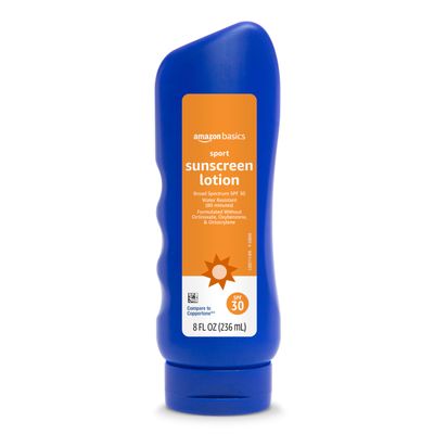 Amazon Basics Sport Sunscreen Lotion SPF 30, Water Resistant (80min), Formulated without Octinoxate & Oxybenzone, Broad Spectrum UVA/UVB Protection, 8 Fluid Ounce