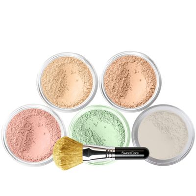 5pc KIT w/FACE BRUSH (WARM Neutral Shade-Most Popular) Mineral Makeup Set Full Size Powder Bare Skin Matte Foundation