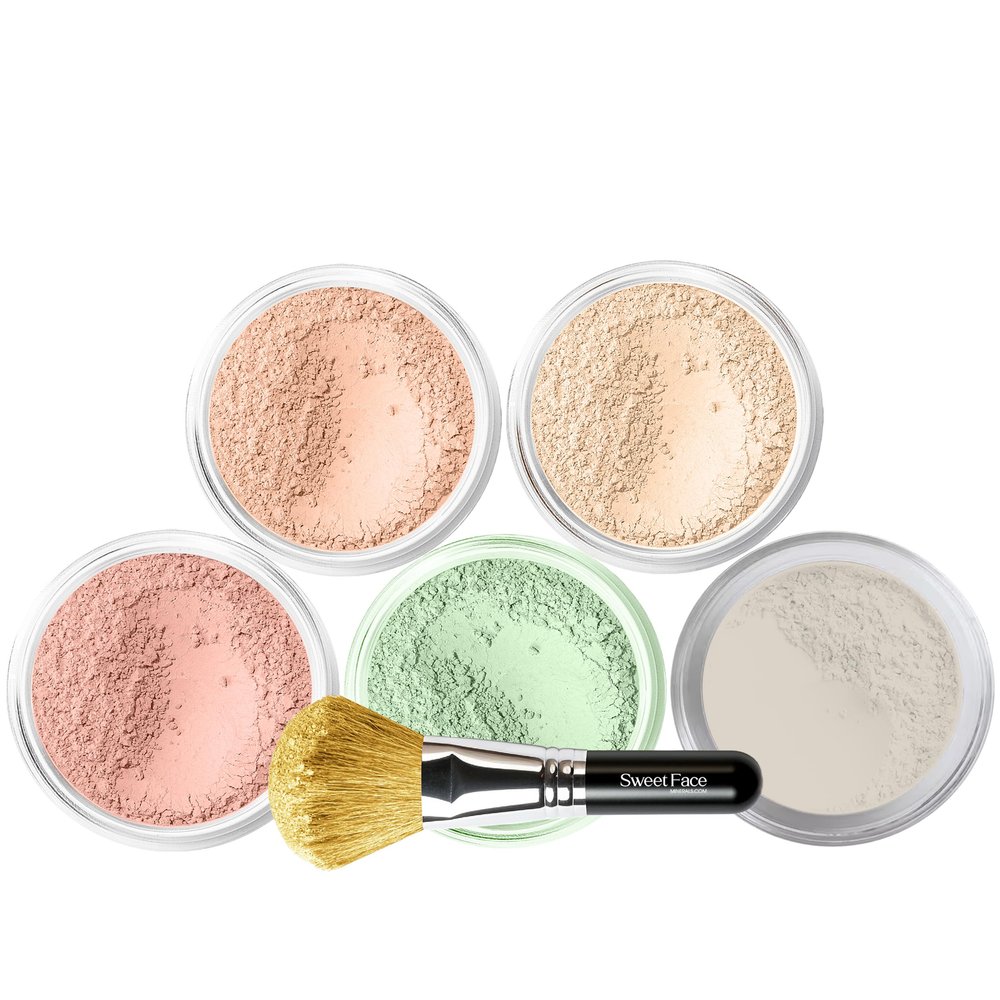 5pc KIT w/FACE BRUSH (PINK BISQUE) Mineral Makeup Set Full Size Powder Bare Skin Matte Foundation