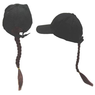 Joke Novelty Baseball Hat with Long Brown Braided Ponytail Fake Hair in The Back of Cap