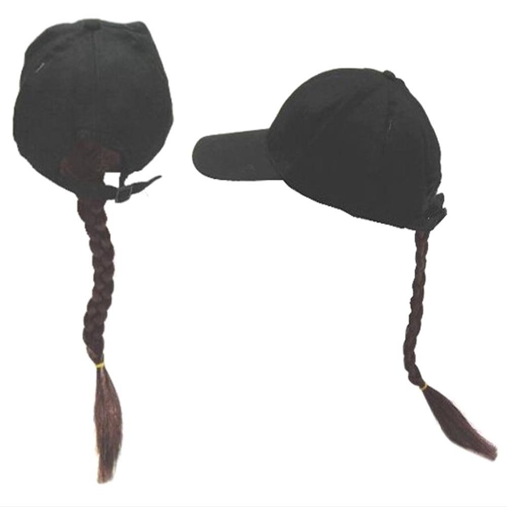 Joke Novelty Baseball Hat with Long Brown Braided Ponytail Fake Hair in The Back of Cap