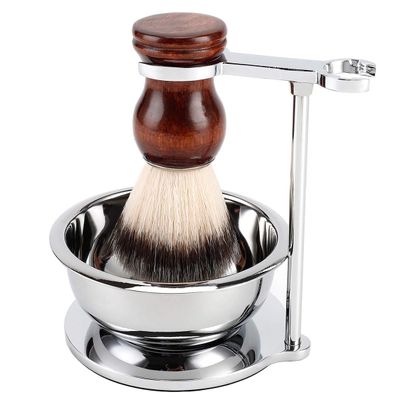 PerPro Deluxe Stainless Shave Razor Stand + Shaving Soap Bowl with Shaving Brush,Compatible with Gillette Fusion,Double Edge Safety Razor,Cartridge Razor