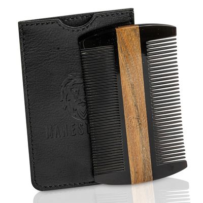Premium Natural Ox horn and Sandalwood Beard Comb Dual-Action | Double Sided Beard & Mustache Comb with Black Protective Case | Perfect Grooming Companion & Gift for Men by Man & Mane