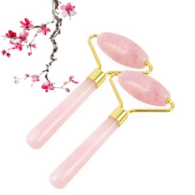 2 Set Premium Rose Quartz Face Roller Pink Massager for Face Neck Arms Crus Anti-Aging Restoring/Reduce Puffiness & Wrinkles Skin Tool for Facial Mask
