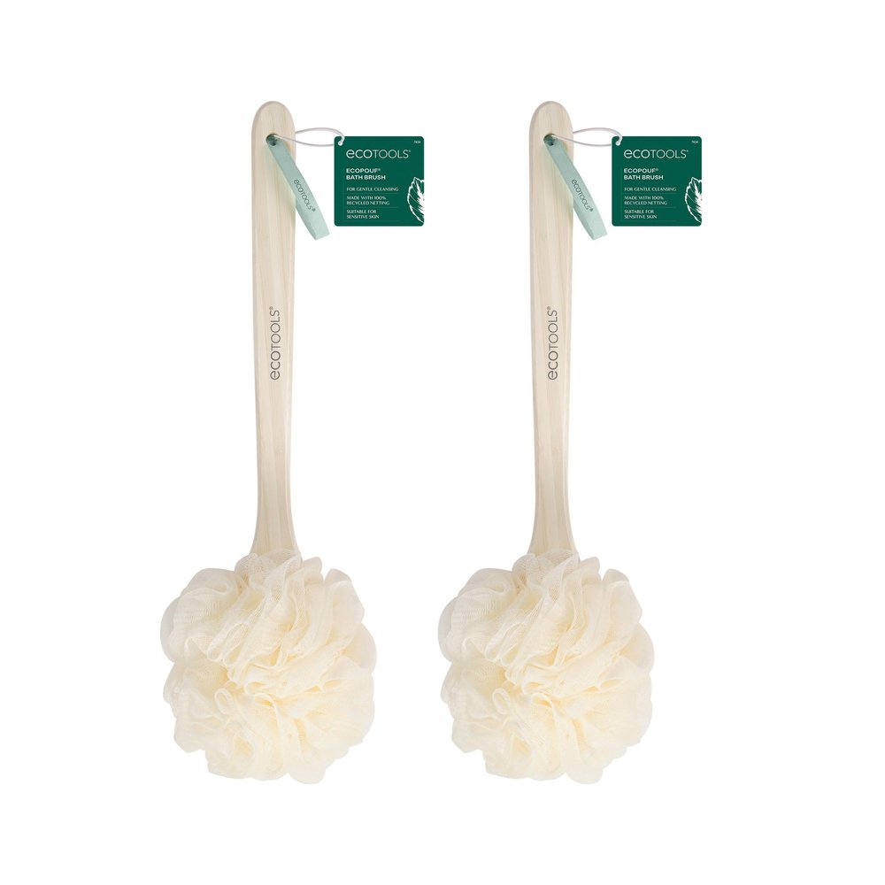 EcoTools EcoPouf Bath Brush, Loofah Brush for Bath & Shower, Made with Long Handle & Recycled, Soft Netting for Gentle Exfoliation, Back Brush for Men & Women, Eco-Friendly & Cruelty-Free, 2 Count