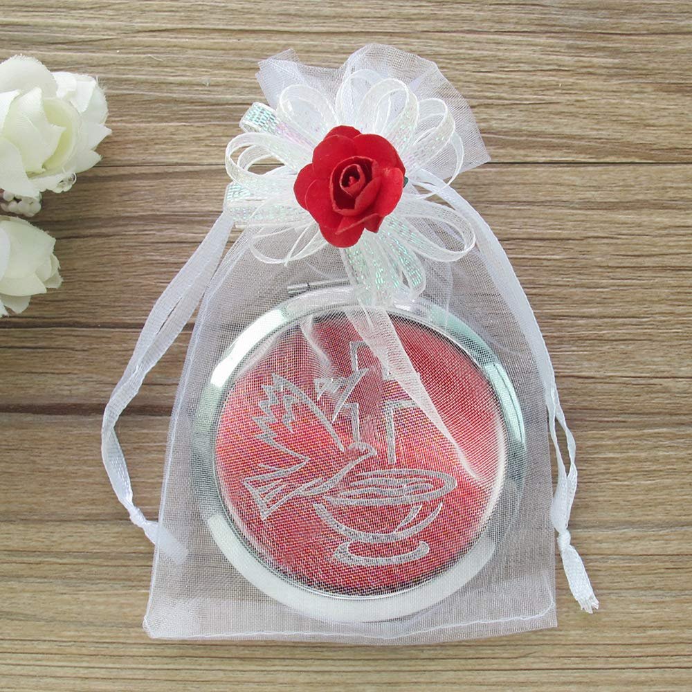 12 PCS Red Compact Mirror with Dove Design - Confirmation Favors/Religious Event/Purse Makeup Mirrors in Decorated Gift Bags (red-3)