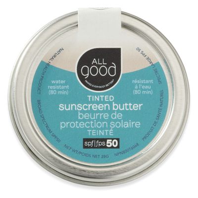 All Good Tinted Mineral Sunscreen Butter for Face, Nose, Ears - UVA/UVB Broad Spectrum, SPF 50, Zinc Oxide, Coral Reef Friendly, Water Resistant, Coconut Oil, Jojoba Oil, Beeswax, Vitamin E (1 oz)