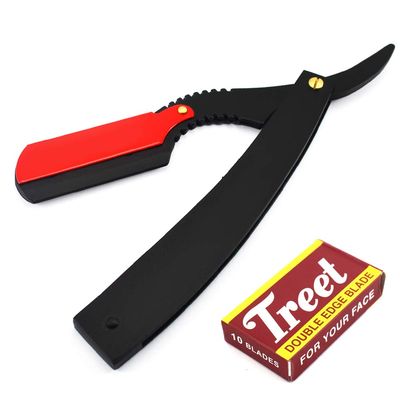 Classic Barber Shaving Razor Straight Black With Red Latch Men Cut-throat Hair Removal Single Edge Blades