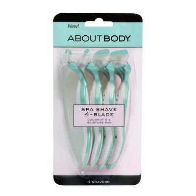 About Beauty Spa Shave 4 Blade Disposable Razors, Includes 4 Disposable Shavers, Adjust to Curves for a Close Shave, Skin-Soothing Coconut Oil Moisture Pad Gently Glides Along Skin