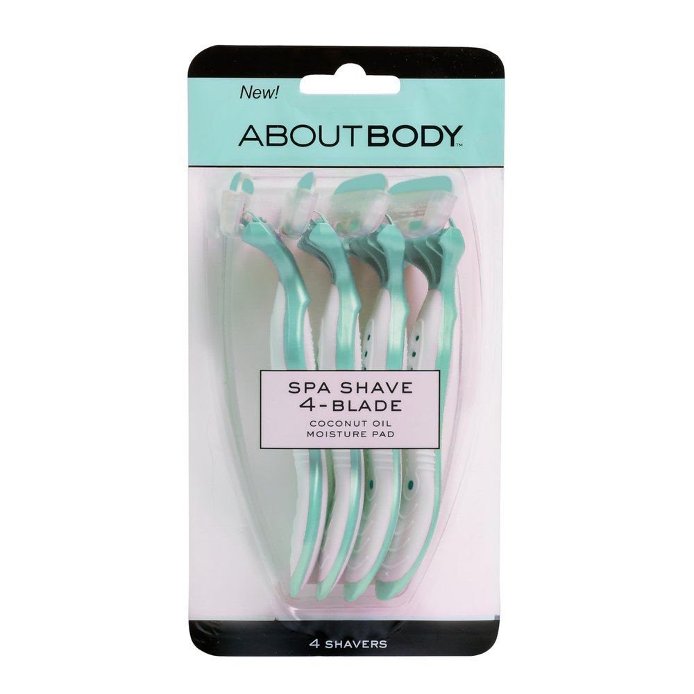 About Beauty Spa Shave 4 Blade Disposable Razors, Includes 4 Disposable Shavers, Adjust to Curves for a Close Shave, Skin-Soothing Coconut Oil Moisture Pad Gently Glides Along Skin