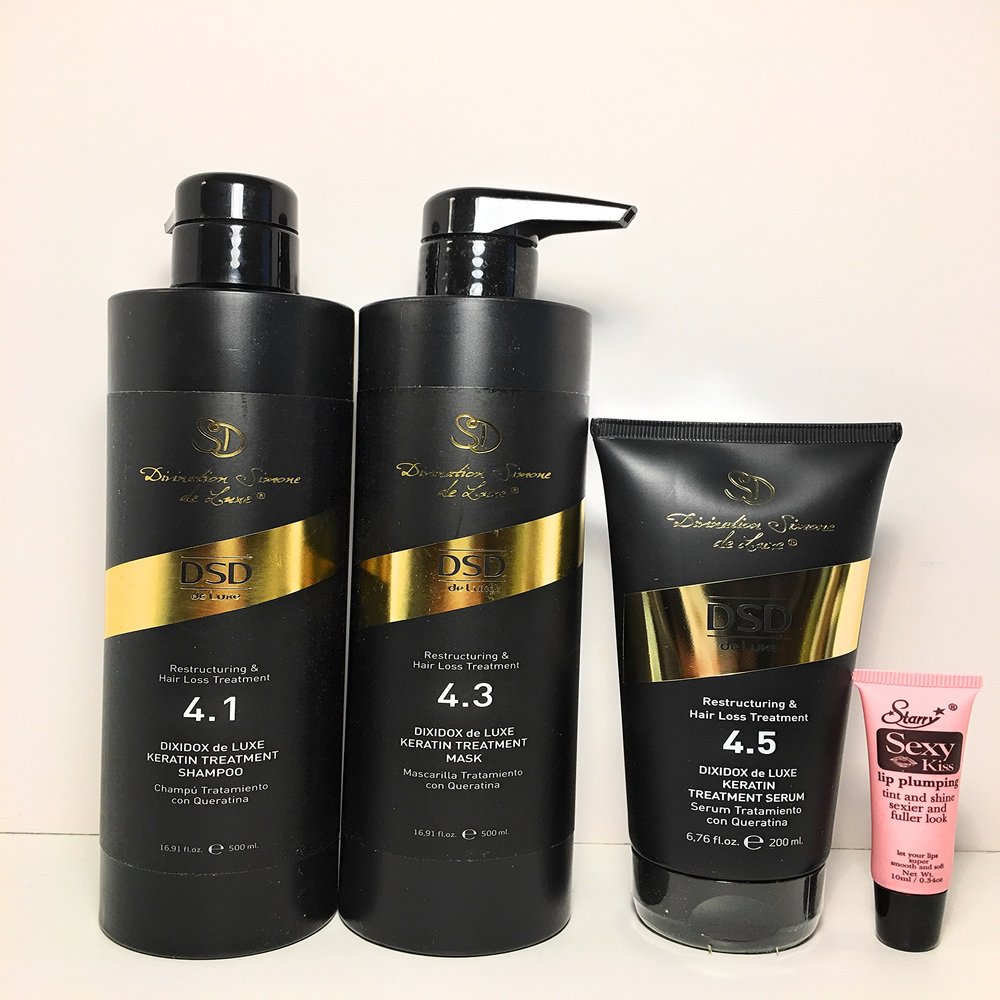 Divination Simone De Luxe Restructuring Hair Loss Treatment 4.1 Keratin Shampoo 16.91 Oz, 4.3 Keratin Mask 16.91 Oz and 4.5 Serum 6.76 Oz "Free Starry Sexy Kiss Lip Pumpling 10 Ml"