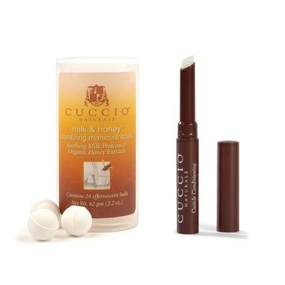 Bundle of 2 items: Cuccio Naturale Cuticle Conditioning Butter Stick in Milk & Honey and Sanitizing Manicure Soak Balls 24 ct in Milk & Honey
