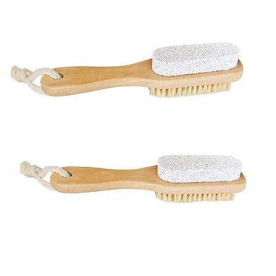 Femcery 2Pcs Wood Foot Natural Bristle Brush And Pumice Stone Combo W/Rope Wooden Handle Exfoliator Pedicures Calluses Remover Smoother for Body Skin, Feet, Elbow Scrubber Massage SPA Sauna Dry Skin
