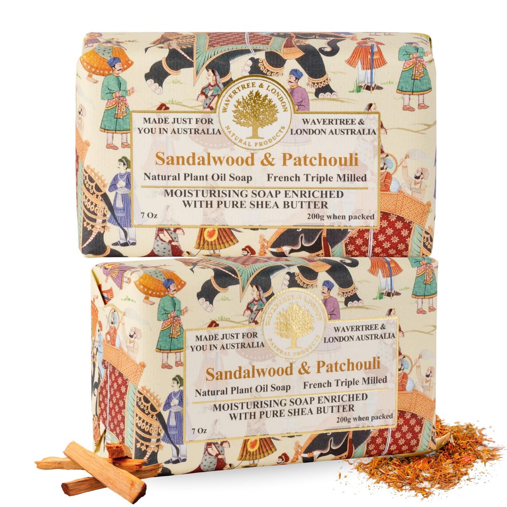 Wavertree & London Sandalwood & Patchouli Scented Natural Soap (2 Bars), 7oz Moisturizing French Triple Milled Soap Bars enriched with shea butter - Pure Plant Oil Bath & Body Bars for All Skin Types