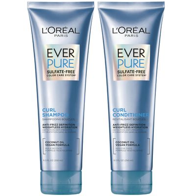 L'Oreal Paris Sulfate Free Shampoo and Conditioner for Curly Hair, Lightweight, Anti-Frizz Hair Care with Coconut Oil, EverPure, 8.5 Fl Oz, Set of 2 (Packaging May Vary)