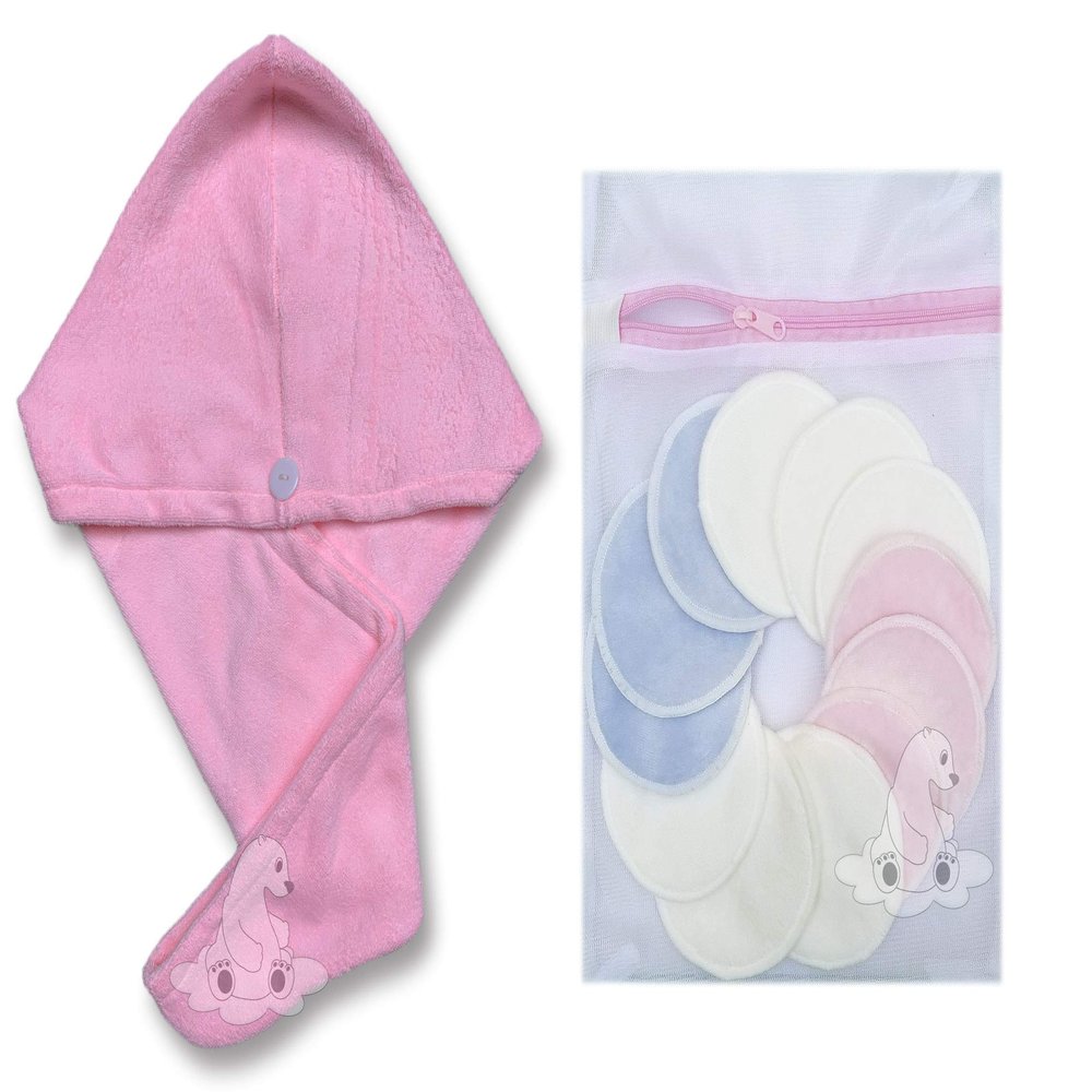 Bamboo Makeup Remover Pads - Reusable Cotton Rounds for Face with Mesh Bag and Hair Turban 12 Facial Cleansing Wipes Gently Remove Facial and Eye Makeup (14 Piece Set)