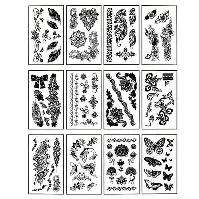 12 Sheets Temporary Self Adhesive Transfer Arabic Arabian Tattoo Tattoos Stickers Black Waterproof Sticker Islamic Muslim Islam Body Henna Word Ramadan Eid Stencils Stencil Temples Body Art Designs
