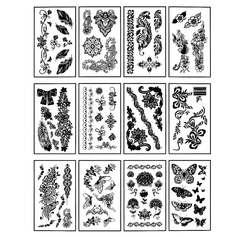 12 Sheets Temporary Self Adhesive Transfer Arabic Arabian Tattoo Tattoos Stickers Black Waterproof Sticker Islamic Muslim Islam Body Henna Word Ramadan Eid Stencils Stencil Temples Body Art Designs
