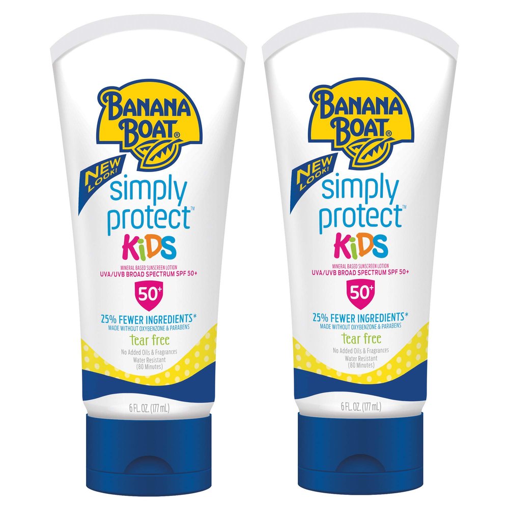 Banana Boat 100% Mineral Kids Sunscreen Lotion SPF 50, Twin Pack | Banana Boat Mineral Sunscreen for Kids, Childrens Sunblock SPF 50, Oxybenzone Free, 6Fl Oz each (Pack of 2)