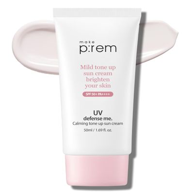 MAKEPREM UVA UVB Defense Me Calamine Calming Sun Cream SPF 50+ PA++++ 1.69 Fl Oz Korean Mineral Sunblock VEGAN Sunscreen Reef-safe Mild Non-Irritating Sensitive Acne-Prone Skin Non-Nano No Chemicals