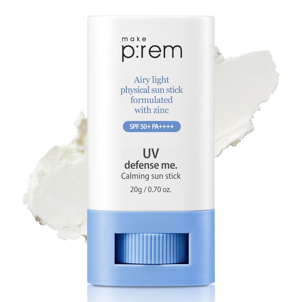 MAKEPREM UVA UVB Defense Me Calming Sun Stick Sunblock SPF 50+ PA++++ 0.7 Oz VEGAN Sensitive Oily Acne-Prone Skin Reef-Safe Mineral Sunscreen Non-Nano No Chemical UV Protection Non-Greasy Sticky Kids
