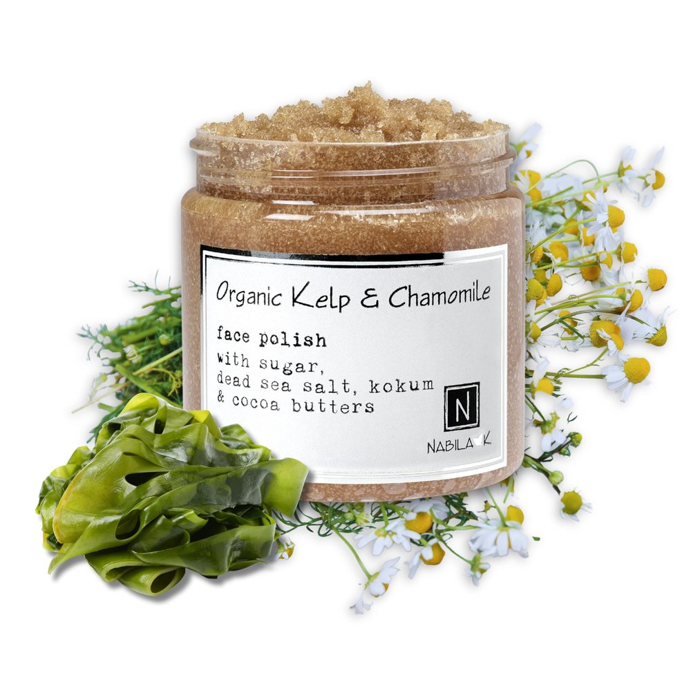 Nabila K Kelp & Chamomile Face Polish - Exfoliates, Moisturizes and Nourishes with Sugar, Dead Sea Salt, Kokum Butter, Cocoa Butter & More - Natural Ingredients - Gentle for Most Skin Types - 5 oz