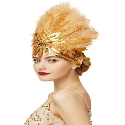 BABEYOND Carnival Feather Headpiece Showgirl Pageant Headband Women's 1920s Flapper Headband (Gold)