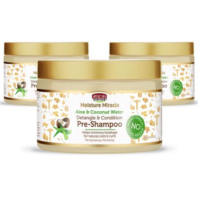 African Pride Moisture Miracle Pre-Shampoo Hair Detangler with Aloe & Coconut Water (Pack of 3) | Minimizes Breakage, Hydrates & Strengthens | Pre-Poo Treatment for Natural Coils & Curls | 12 oz.