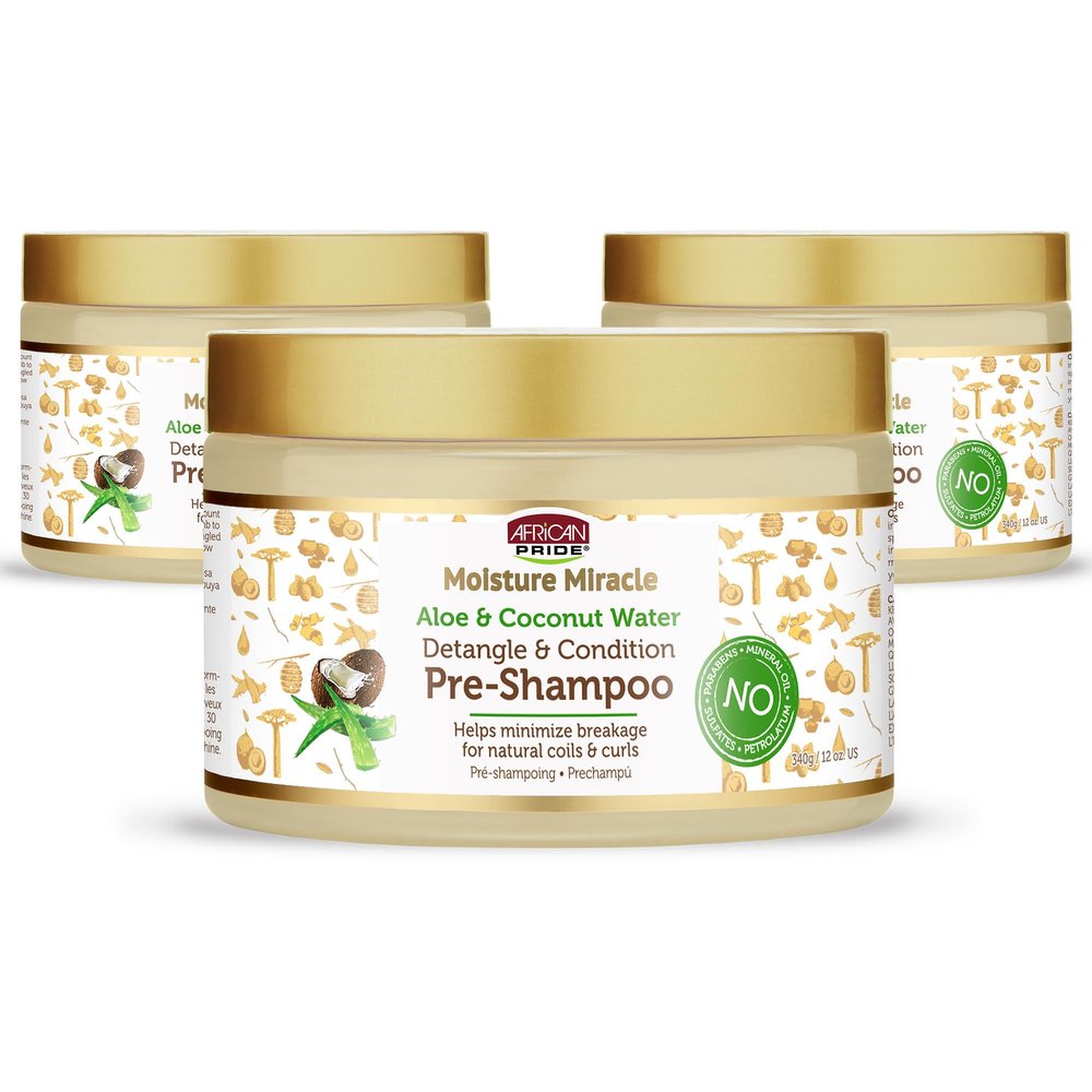 African Pride Moisture Miracle Pre-Shampoo Hair Detangler with Aloe & Coconut Water (Pack of 3) | Minimizes Breakage, Hydrates & Strengthens | Pre-Poo Treatment for Natural Coils & Curls | 12 oz.