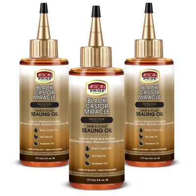 African Pride Black Castor Miracle Hair & Scalp Sealing Oil  Hair Oil with Black Castor, Tea Tree & Soybean Oil for Moisture Lock, Scalp Relief & Growth Support | 6oz (Pack of 3)