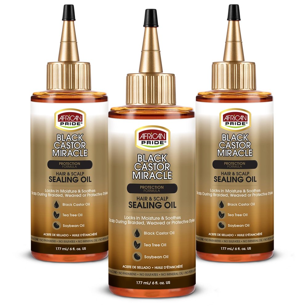 African Pride Black Castor Miracle Hair & Scalp Sealing Oil  Hair Oil with Black Castor, Tea Tree & Soybean Oil for Moisture Lock, Scalp Relief & Growth Support | 6oz (Pack of 3)