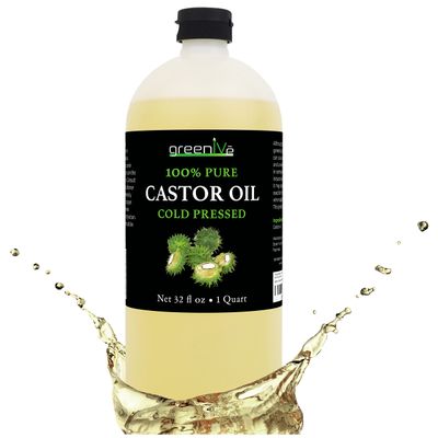 GreenIVe 100% Pure Castor Oil Cold-Pressed, Hexane-Free Hair, Eyebrows, Eyelashes, Skin Moisturizer, Castor Pack Wrap Oil Bulk Bottle (32 Fl oz)