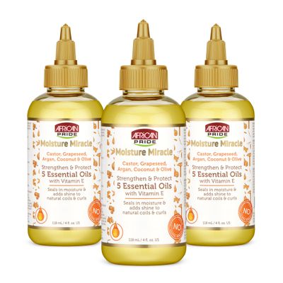 African Pride Moisture Miracle 5 Essential Hair Oils with Vitamin E (Pack of 3) | Moisture, Shine, Protection, and Growth | Argan, Castor, Grapeseed, Coconut, and Olive Oil | 4 oz