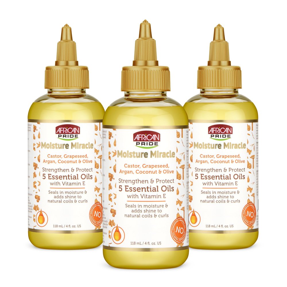 African Pride Moisture Miracle 5 Essential Hair Oils with Vitamin E (Pack of 3) | Moisture, Shine, Protection, and Growth | Argan, Castor, Grapeseed, Coconut, and Olive Oil | 4 oz