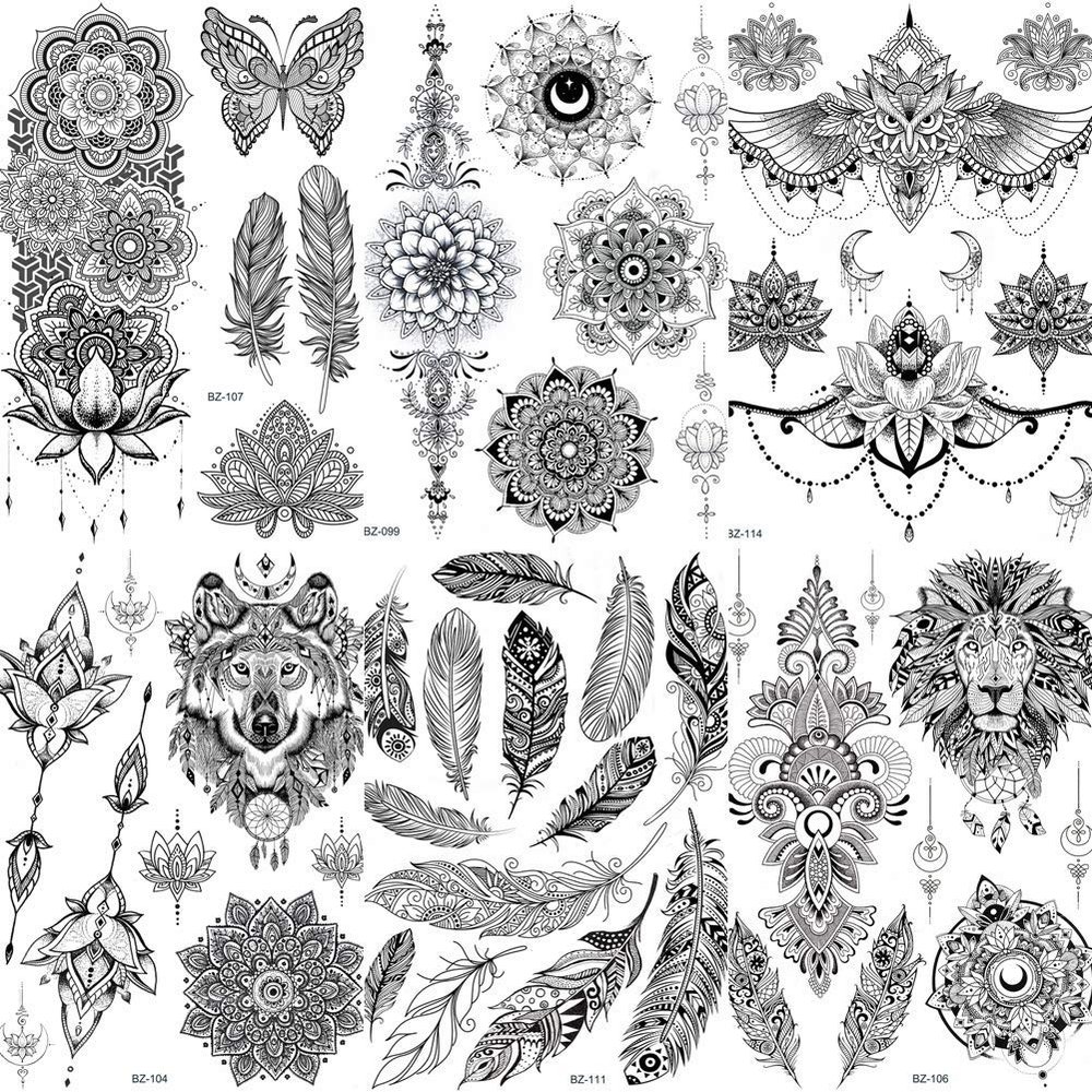 COKTAK 6 Pieces/Lot Unique Black Henna Temporary Tattoo Stickers For Adults Women Girls Feather Mandala Flower Body Art Large Big Arm Tattoos Sheet Lace Indian Mehndi Sexy Wedding Tatoos OWL
