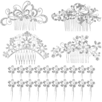24 Pieces Wedding Hair Comb Rhinestone Hair Pins Bridal Pearl Hair Clips Side Hair Accessories U Shaped Pearl Hair Pins for Brides Bridesmaids