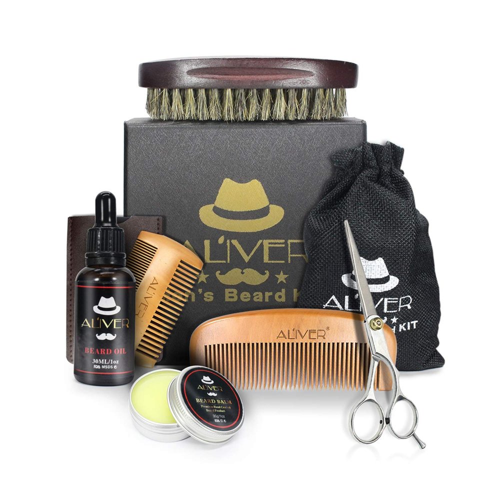 Vtrem Beard Care Kit for Men - Ultimate Beard Grooming Kit Includes Natural Balm, Unscented Oil, Boar Bristle Brush, Wood Comb, Trimming Scissors, Shaper Template | Great Men's Gift