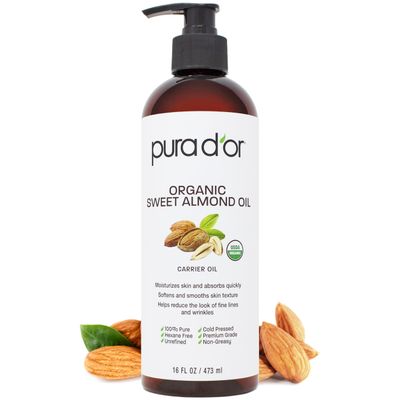 PURA D'OR 16 Oz ORGANIC Sweet Almond Oil - 100% Pure & Natural USDA Certified Cold Pressed Carrier Oil For DIY Beauty - Non-Greasy, Unscented, Hexane Free Moisturizer - Massage Oil For Hair & Skin