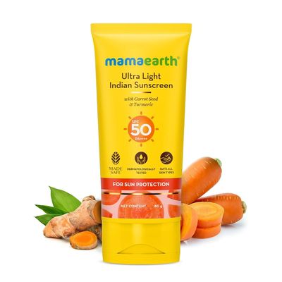 Mamaearth Ultra Light SPF 50 Sunscreen with PA++++ | Gives Broad Spectrum Protection | Moisturizes with Turmeric & Carrot Seed | Lightweight & Long Lasting | 2.71 Fl Oz/80 ml