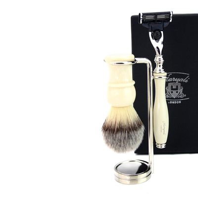 Ivory Colour 3 Pcs Men's Shaving Set. Set Includes Synthetic Hair Shaving Brush, 3 Types of Razor to Choose,& Stainless Steel Made Brush & Razor Stand. Perfect Set (Triple Edge Razor)